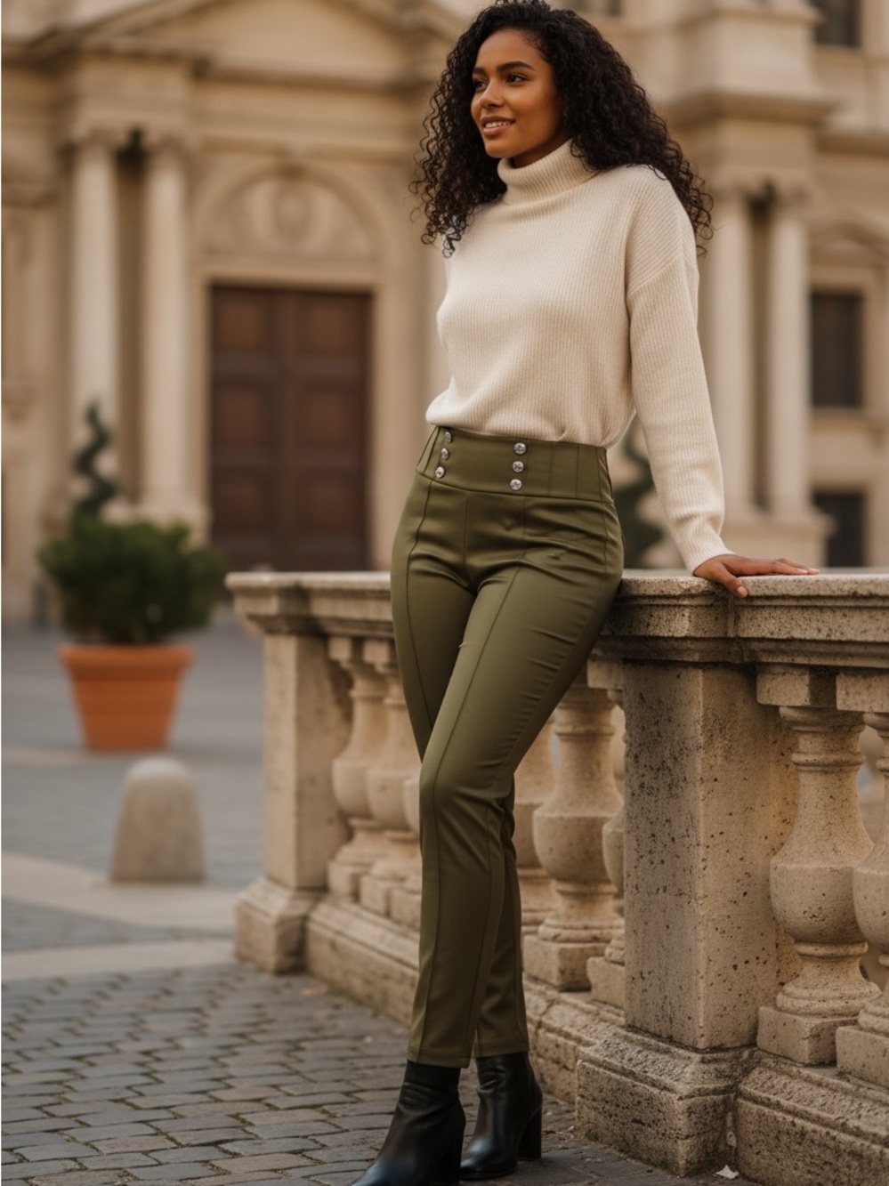 High-Waist Olive Green Slim Pants - Picture 1 of 4